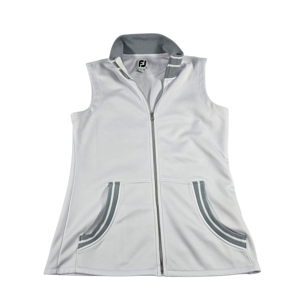 FootJoy Womens‎ Full Zip Golf Vest White Grey Striped Trim Mock Neck Small S